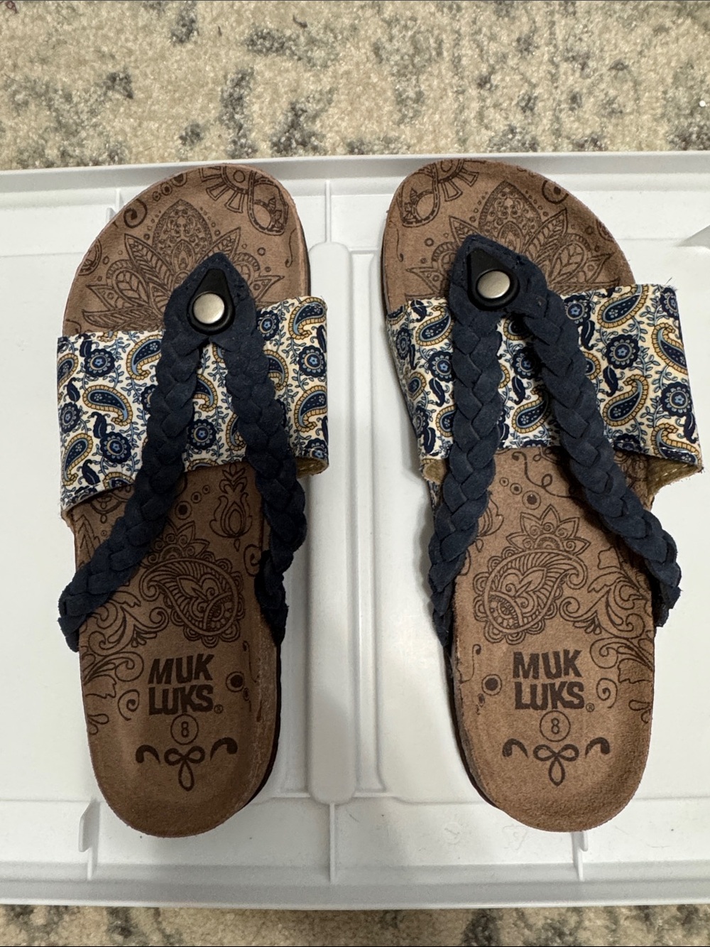 Muk Luks Navy and Cream Paisley Braided Toe-Post Sandals